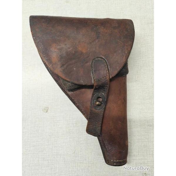 ETUI D'OFFICIER FRANCAIS EN CUIR FAUVE MARRON MODELE 1917 SIMPLIFIE POUR REVOLVER ST ETIENNE