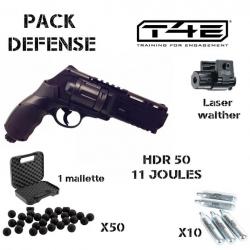 Pack Walther T4E HDR 50, 11 Joules+ 50 BILLES+ 10 CARTOUCHES GAZ + laser+ mallette 