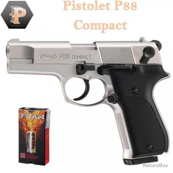 Pack Pistolet ALARME WALTHER P88 CAL. 9 MM PAK NICKEL + 50 cart