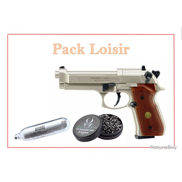 Pack Pist. CO2 M92 FS NICKELE BOIS + plombs + capsules CO2