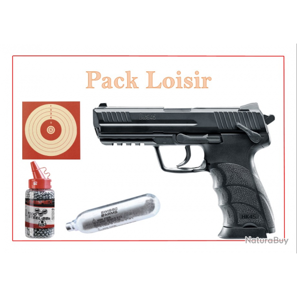 Pack Pist CO2 HK45 HECKLER & KOCH + 1500 Plombs Ronds + 5 capsules + 100 cibles CO2