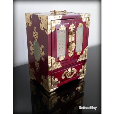Boîte à Bijoux Vintage Chinoise avec Cadenas - Bois, Laiton