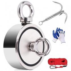 Aimant Néodyme Puissant Double Face Aimant de Peche 770kg 94MM Chasse Au Trésor avec Grapin Corde20m