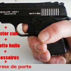 LOT: BLOW mini 9 mm + burette d'huile + holster cuir + alarme + accessoires (arme front firing) PAK