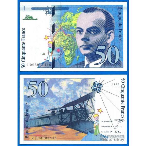 France 50 Francs 1992 Billet Saint Exupery Avion Bi Plan Petit Prince Serie J