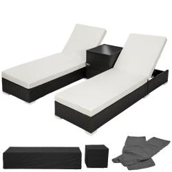 Lot de deux chaises longue bain de soleil en résine tressé poly rotin noir + table + deux set de ho