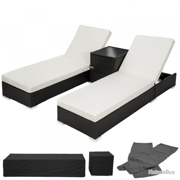 Lot de deux chaises longue bain de soleil en rsine tress poly rotin noir + table + deux set de ho