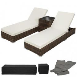 Lot de deux chaises longue bain de soleil en résine tressé poly rotin + table + deux set de housses