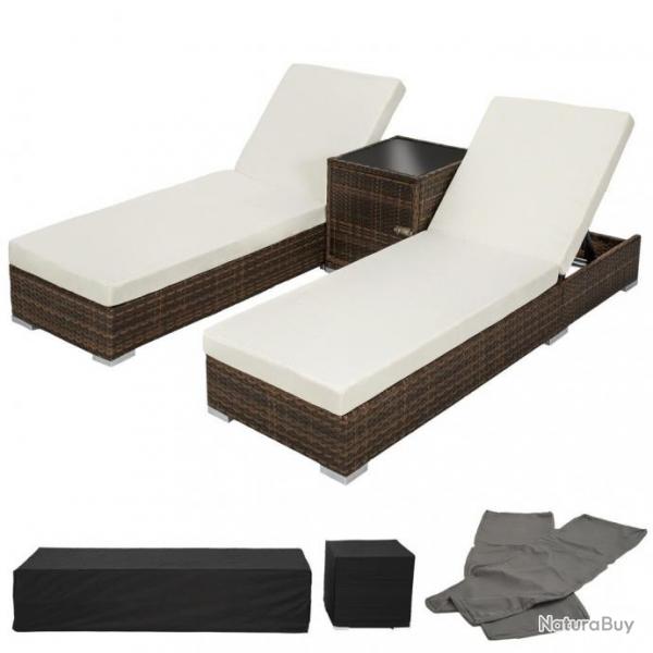 Lot de deux chaises longue bain de soleil en rsine tress poly rotin + table + deux set de housses