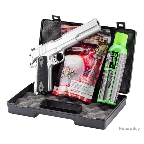 ( Pack GNB Gaz 1911 Long silver 0,5J  + mallette  + billes +  gaz)Pack GNB Gaz 1911 Long silver 0,5J