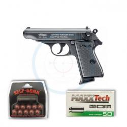 Pistolet à blanc Walther PP calibre 9mm PAK + 50 balles Maxxtech + Adaptateur Gomm-Cogne