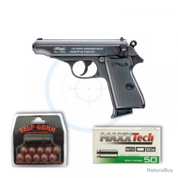 Pistolet  blanc Walther PP calibre 9mm PAK + 50 balles + Adaptateur Gomm-Cogne