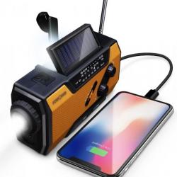 Radio d'urgence Météo 2000mAh Solaire Manivelle à piles Chargeur de Batterie Portable