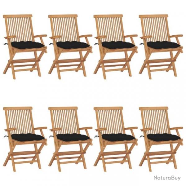 Chaises de jardin avec coussins noir 8 pcs Bois de teck massif