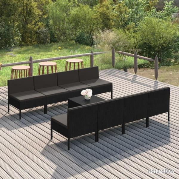 Salon de jardin 9 pcs avec coussins Rsine tresse Noir