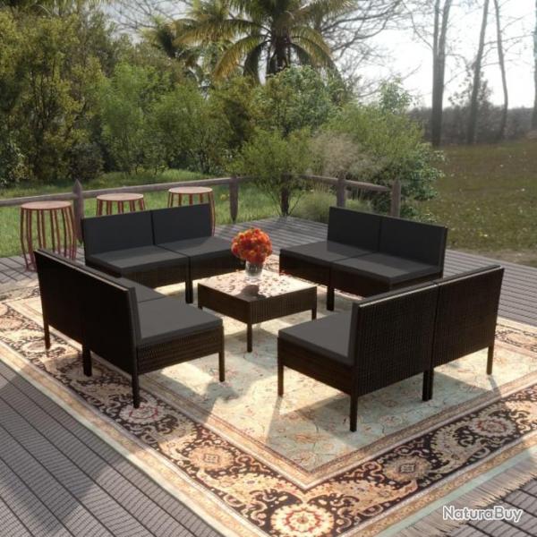 Salon de jardin 9 pcs avec coussins Rsine tresse Noir