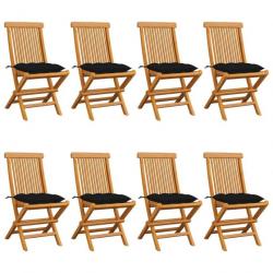 Chaises de jardin avec coussins noir 8 pcs Bois de teck massif