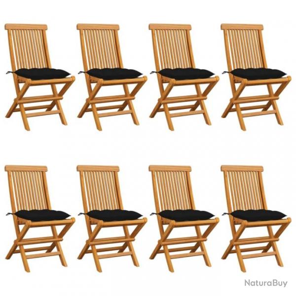 Chaises de jardin avec coussins noir 8 pcs Bois de teck massif