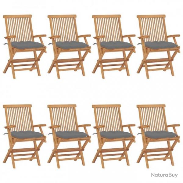 Chaises de jardin avec coussins gris 8 pcs Bois de teck massif