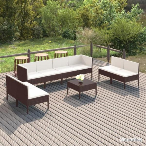 Salon de jardin 9 pcs avec coussins Rsine tresse Marron