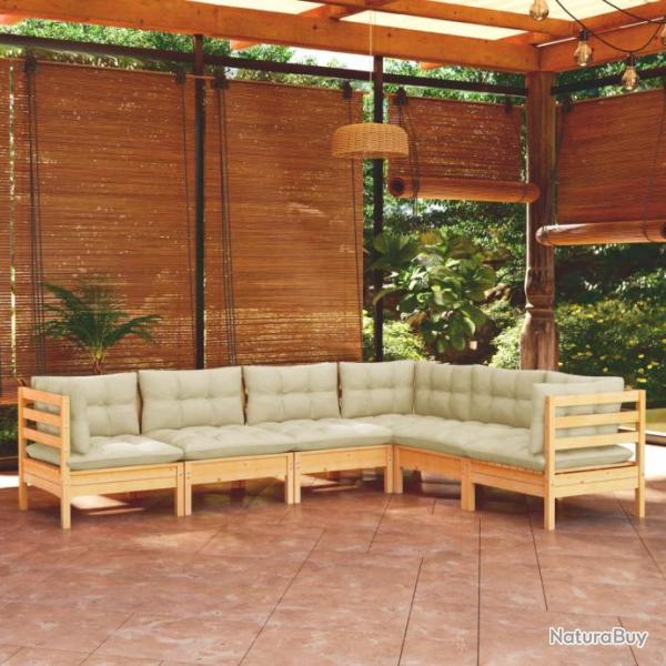 Salon de jardin 6 pcs avec coussins crme Bois de pin solide