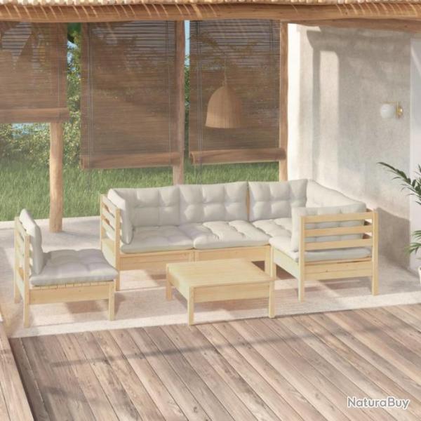 Salon de jardin 6 pcs avec coussins crme Bois de pin