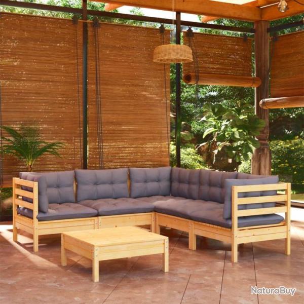 Salon de jardin 6 pcs avec coussins gris Bois de pin solide