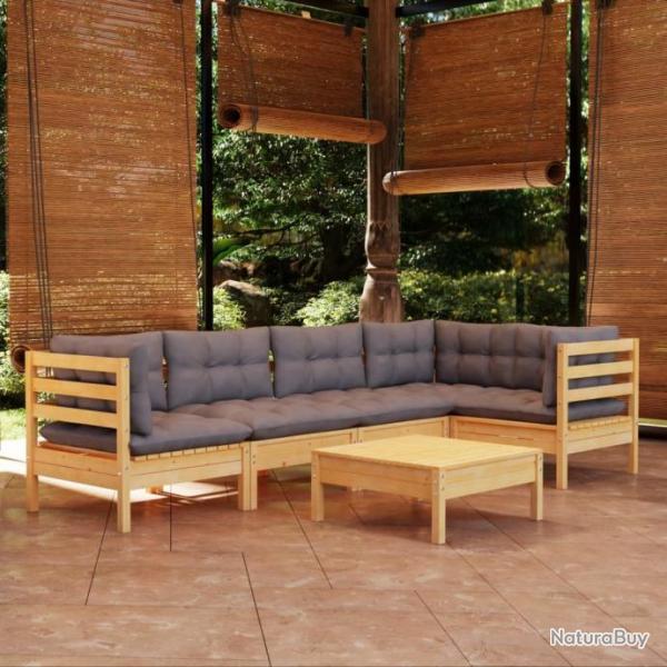 Salon de jardin 6 pcs avec coussins gris Bois de pin