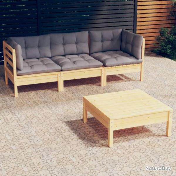 Salon de jardin 4 pcs avec coussins gris Bois de pin