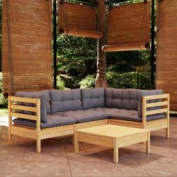 Salon de jardin 5 pcs avec coussins gris Bois de pin