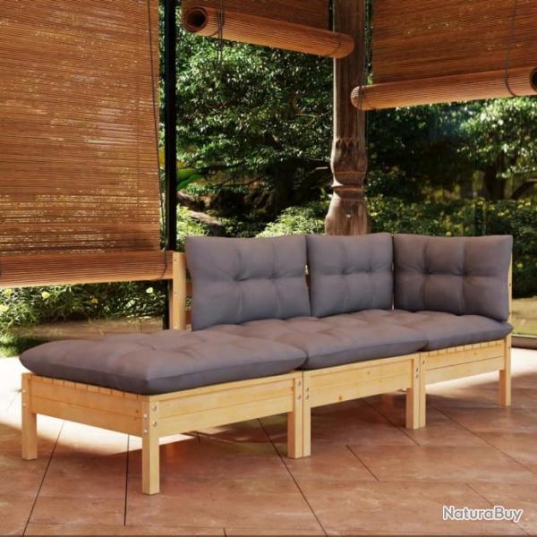 Salon de jardin 3 pcs avec coussins gris Bois de pin massif