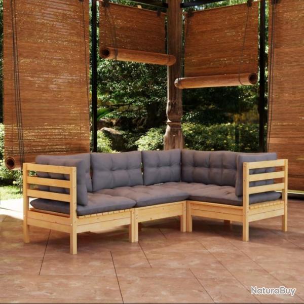 Salon de jardin 4 pcs avec coussins gris Bois de pin