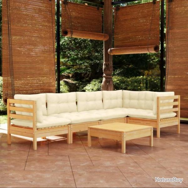 Salon de jardin 5 pcs avec coussins crme Bois de pin