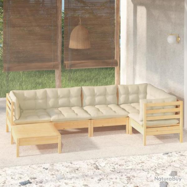 Salon de jardin 6 pcs avec coussins crme Bois de pin massif