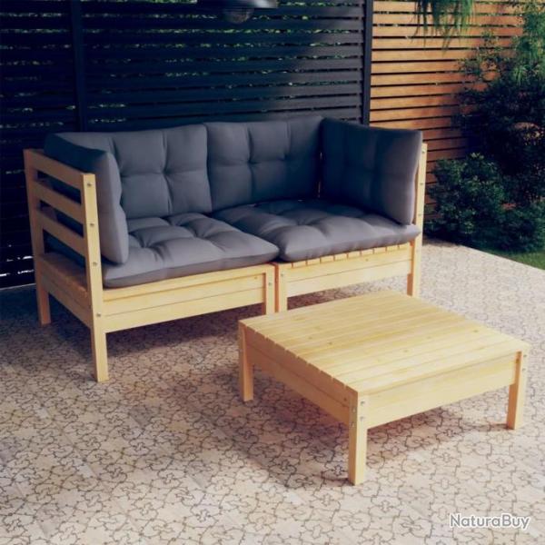 Salon de jardin 3 pcs avec coussins gris Bois de pin