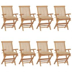 Chaises de jardin avec coussins beige 8 pcs Bois de teck massif