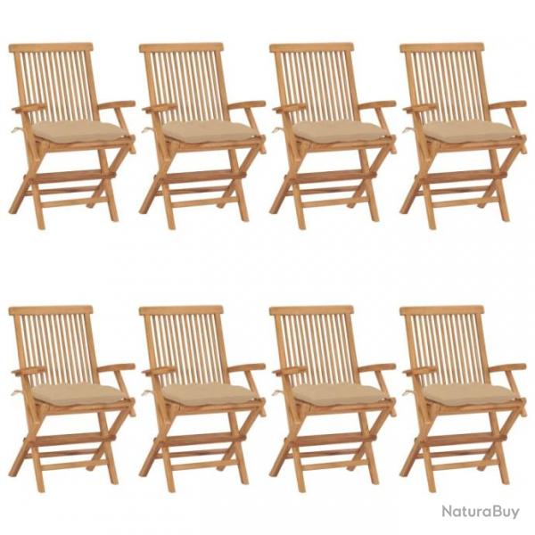 Chaises de jardin avec coussins beige 8 pcs Bois de teck massif