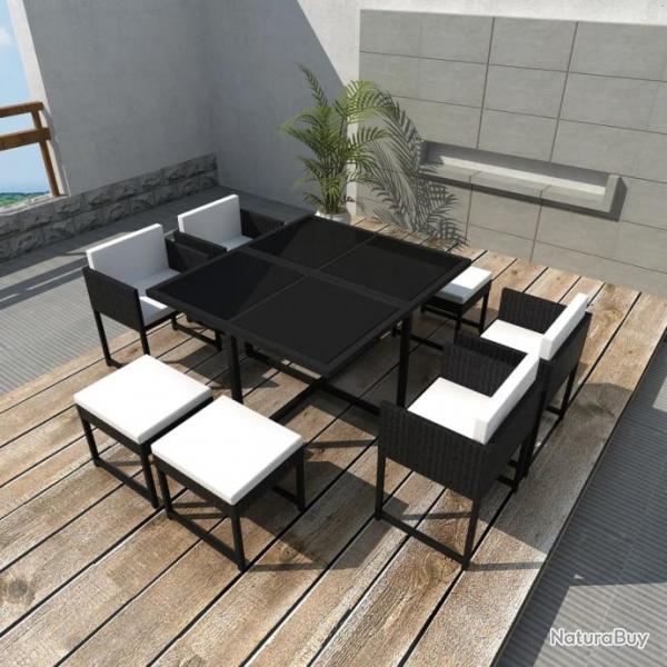 Salon de jardin 9 pcs avec coussins Rsine tresse Noir