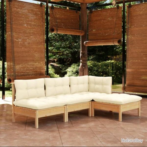 Salon de jardin 4 pcs avec coussins crme Bois de pin