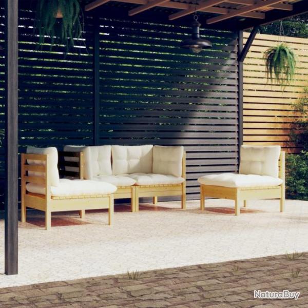 Salon de jardin 4 pcs avec coussins crme Bois de pin massif