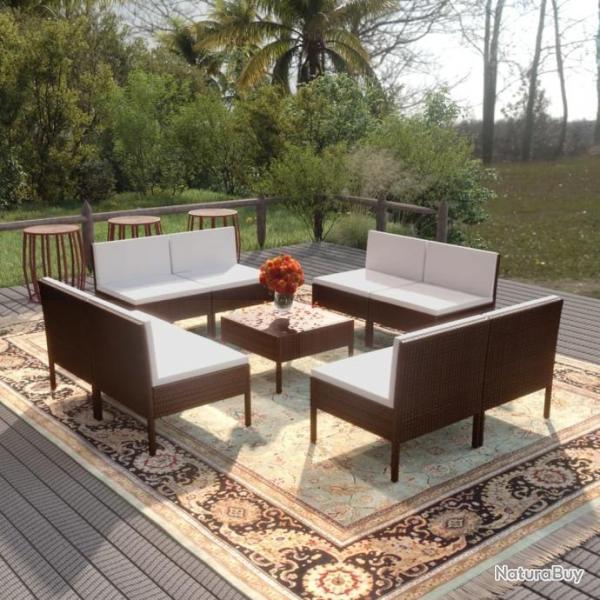 Salon de jardin 9 pcs avec coussins Rsine tresse Marron