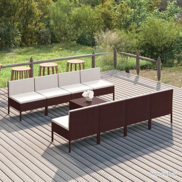 Salon de jardin 9 pcs avec coussins Rsine tresse Marron