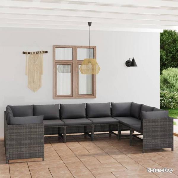 Salon de jardin 9 pcs avec coussins Rsine tresse Gris