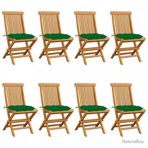 Chaises de jardin avec coussins vert 8 pcs Bois de teck massif