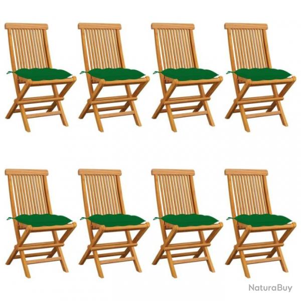 Chaises de jardin avec coussins vert 8 pcs Bois de teck massif