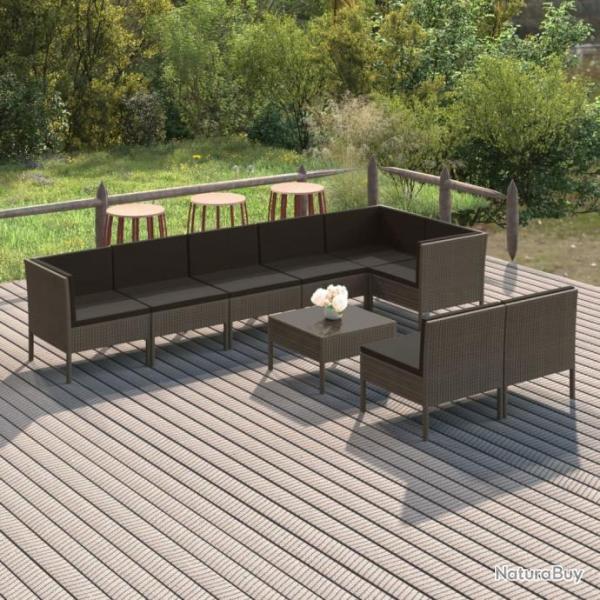 Salon de jardin 9 pcs avec coussins Rsine tresse Gris