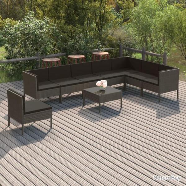 Salon de jardin 9 pcs avec coussins Rsine tresse Gris