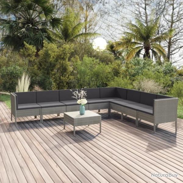 Salon de jardin 9 pcs avec coussins Rsine tresse Gris