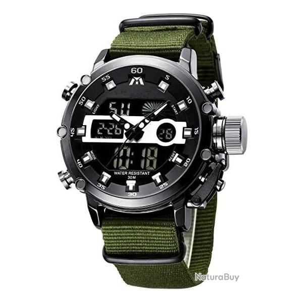 Montre militaire - Montre de sport - Chronographe - Acier inoxydable - Analogique - LED - Vert fonc