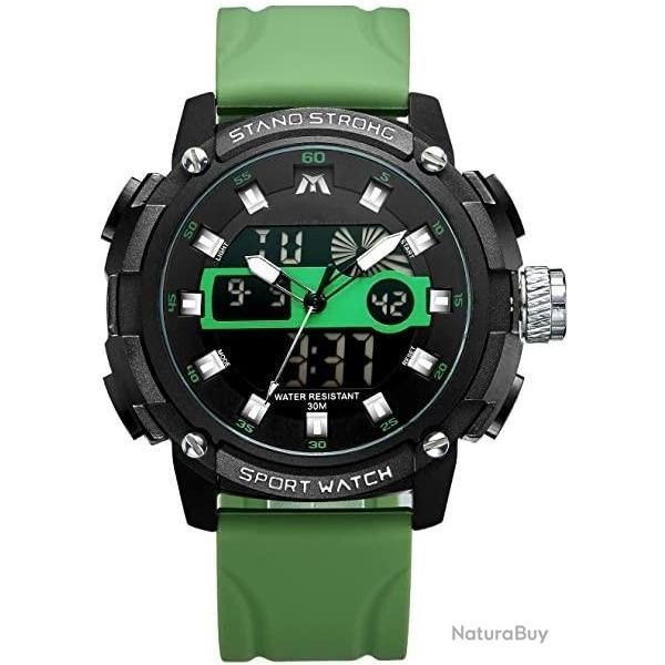 Montre militaire - Montre de sport - Chronographe - Acier inoxydable - Analogique - LED - Vert clair
